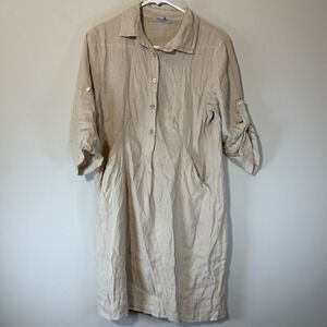 Elena Baldi Women's Small Tan Italian 100% Natural Linen Button Up Midi Dress‎